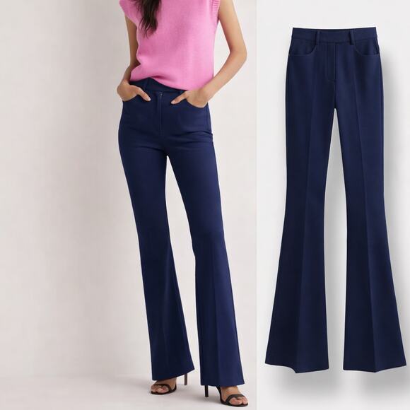 Boden Bi-Stretch High Rise Long Flared Trousers Size 8L Tall Dark Blue Stretch